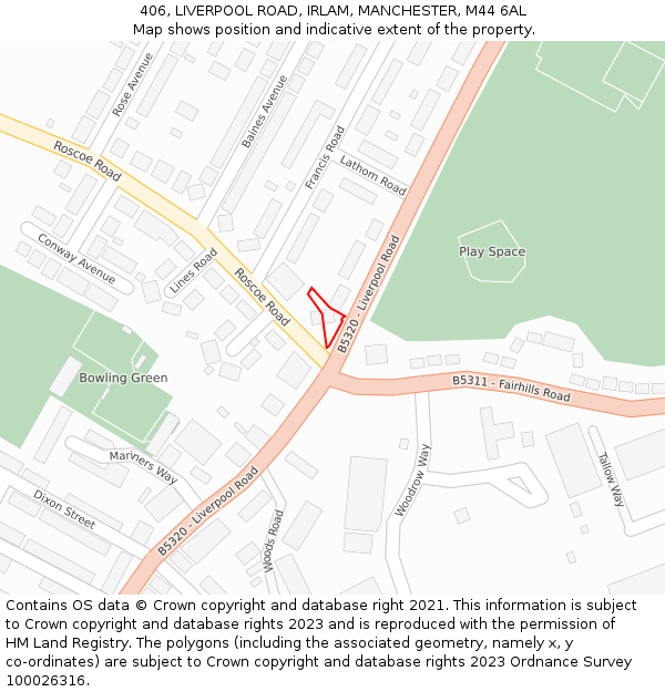 406, LIVERPOOL ROAD, IRLAM, MANCHESTER, M44 6AL: Location map and indicative extent of plot