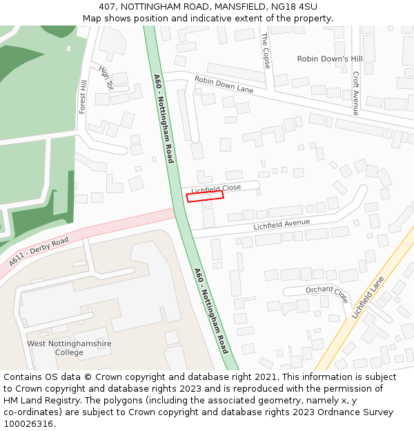 407, NOTTINGHAM ROAD, MANSFIELD, NG18 4SU: Location map and indicative extent of plot