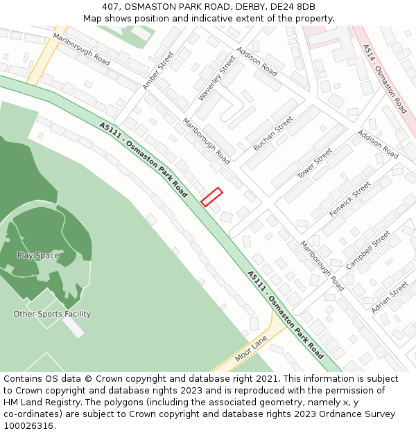 407, OSMASTON PARK ROAD, DERBY, DE24 8DB: Location map and indicative extent of plot