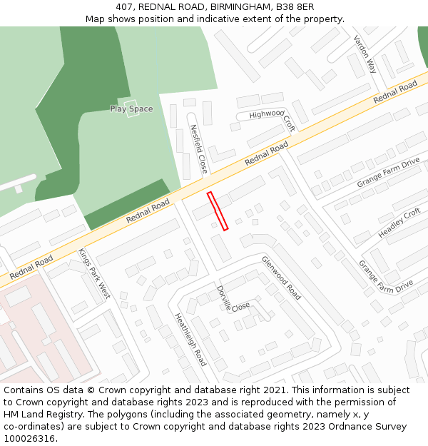 407, REDNAL ROAD, BIRMINGHAM, B38 8ER: Location map and indicative extent of plot