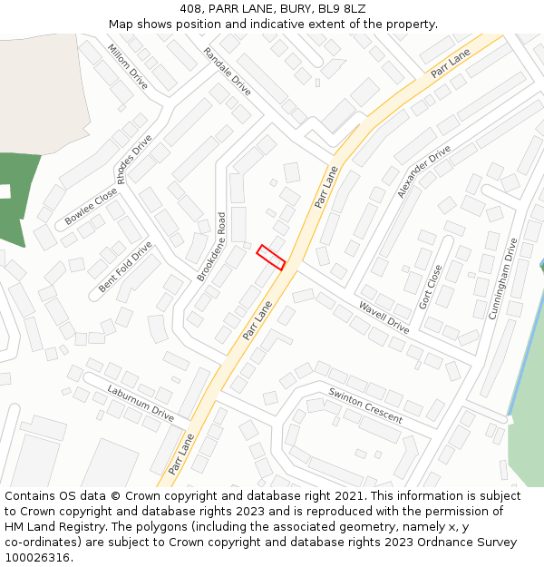 408, PARR LANE, BURY, BL9 8LZ: Location map and indicative extent of plot