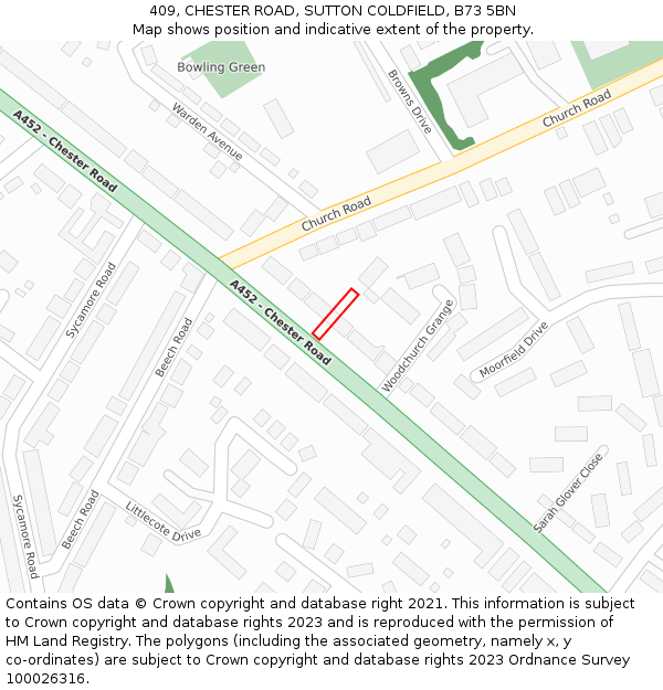 409, CHESTER ROAD, SUTTON COLDFIELD, B73 5BN: Location map and indicative extent of plot