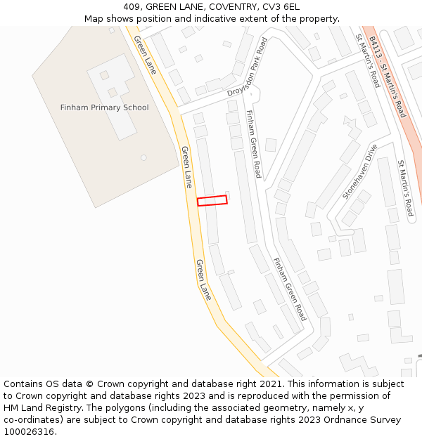 409, GREEN LANE, COVENTRY, CV3 6EL: Location map and indicative extent of plot