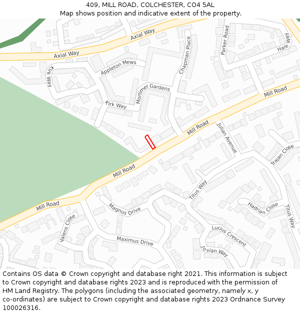 409, MILL ROAD, COLCHESTER, CO4 5AL: Location map and indicative extent of plot