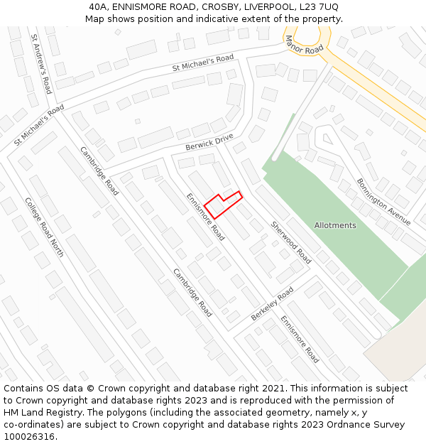 40A, ENNISMORE ROAD, CROSBY, LIVERPOOL, L23 7UQ: Location map and indicative extent of plot