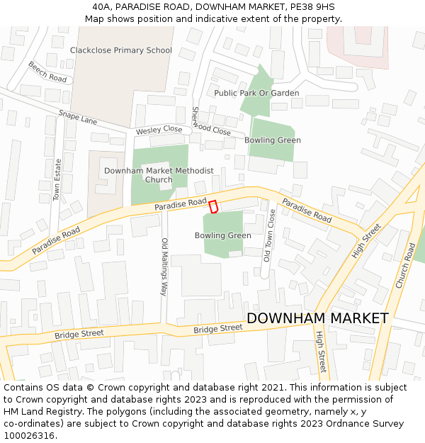 40A, PARADISE ROAD, DOWNHAM MARKET, PE38 9HS: Location map and indicative extent of plot