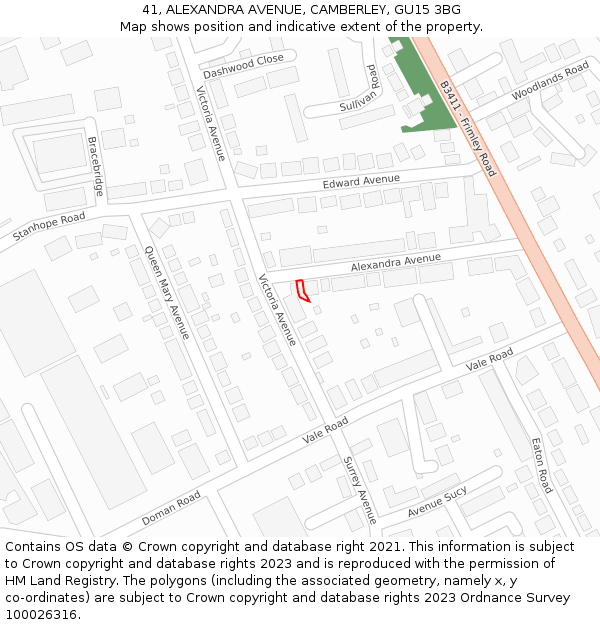 41, ALEXANDRA AVENUE, CAMBERLEY, GU15 3BG: Location map and indicative extent of plot