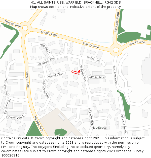 41, ALL SAINTS RISE, WARFIELD, BRACKNELL, RG42 3DS: Location map and indicative extent of plot