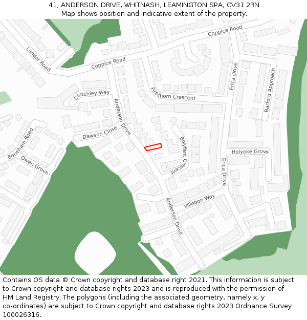41, ANDERSON DRIVE, WHITNASH, LEAMINGTON SPA, CV31 2RN: Location map and indicative extent of plot