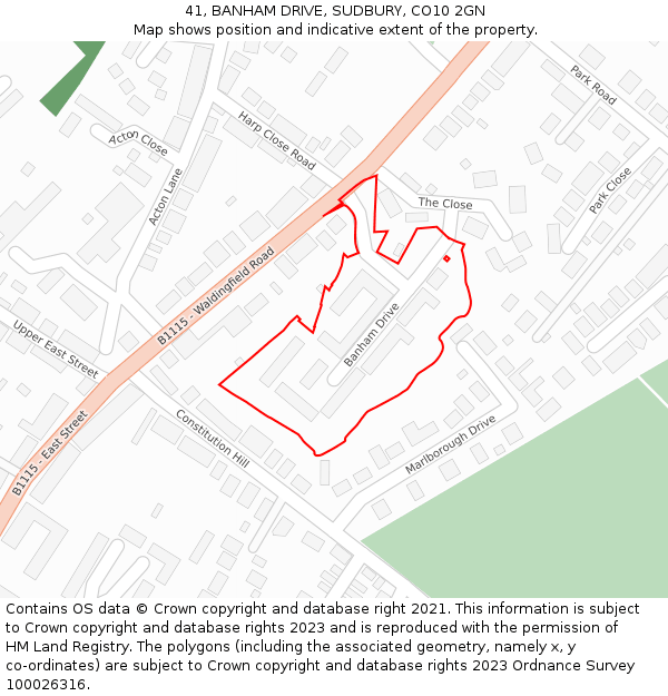41, BANHAM DRIVE, SUDBURY, CO10 2GN: Location map and indicative extent of plot