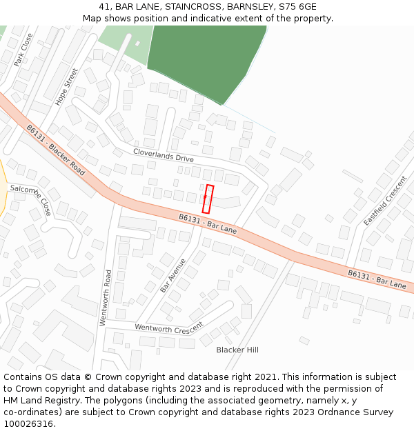 41, BAR LANE, STAINCROSS, BARNSLEY, S75 6GE: Location map and indicative extent of plot