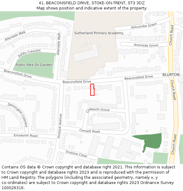 41, BEACONSFIELD DRIVE, STOKE-ON-TRENT, ST3 3DZ: Location map and indicative extent of plot