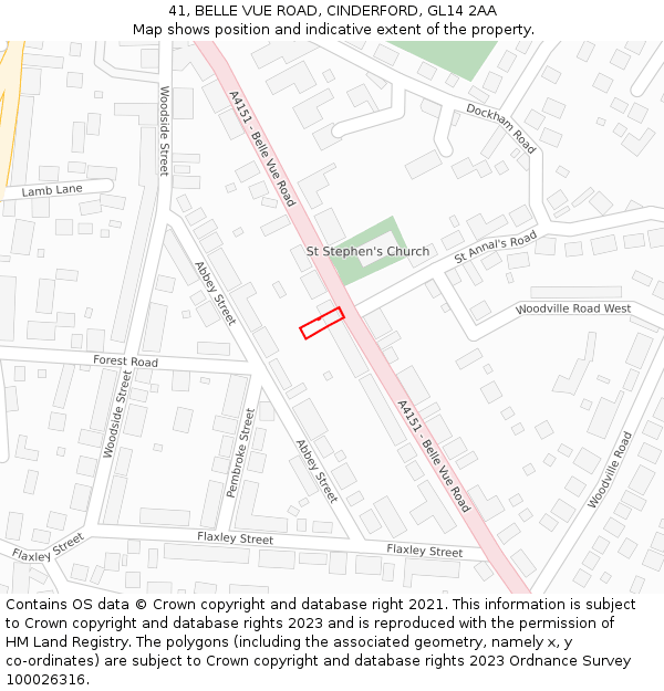 41, BELLE VUE ROAD, CINDERFORD, GL14 2AA: Location map and indicative extent of plot