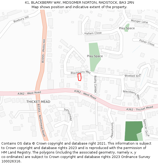 41, BLACKBERRY WAY, MIDSOMER NORTON, RADSTOCK, BA3 2RN: Location map and indicative extent of plot