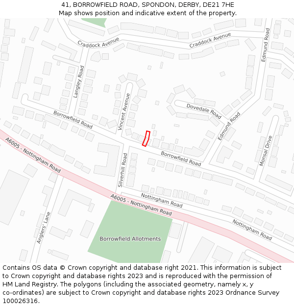 41, BORROWFIELD ROAD, SPONDON, DERBY, DE21 7HE: Location map and indicative extent of plot