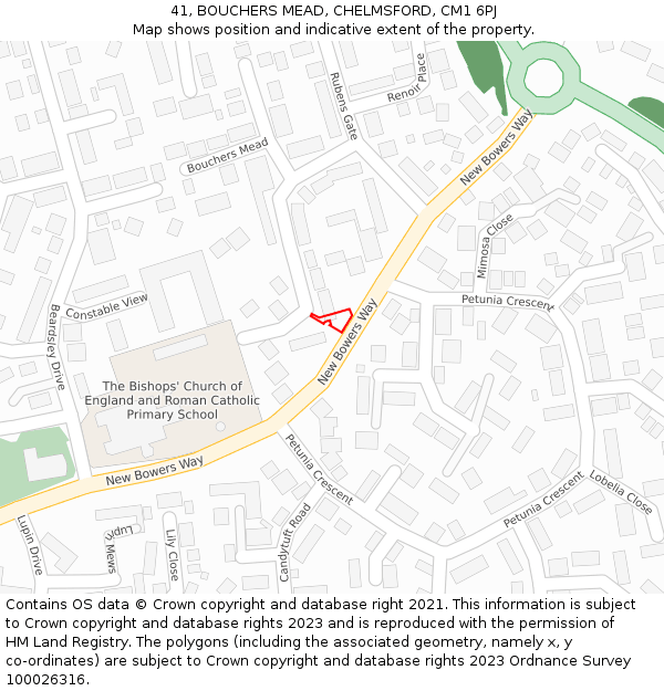 41, BOUCHERS MEAD, CHELMSFORD, CM1 6PJ: Location map and indicative extent of plot