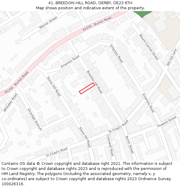 41, BREEDON HILL ROAD, DERBY, DE23 6TH: Location map and indicative extent of plot