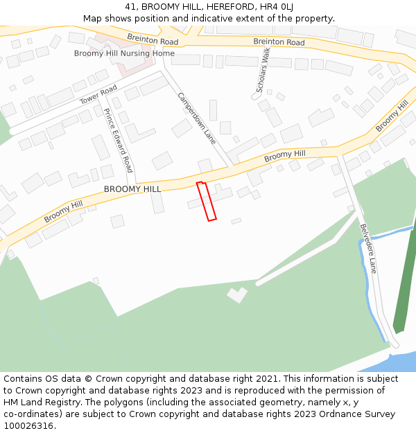41, BROOMY HILL, HEREFORD, HR4 0LJ: Location map and indicative extent of plot