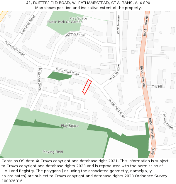 41, BUTTERFIELD ROAD, WHEATHAMPSTEAD, ST ALBANS, AL4 8PX: Location map and indicative extent of plot