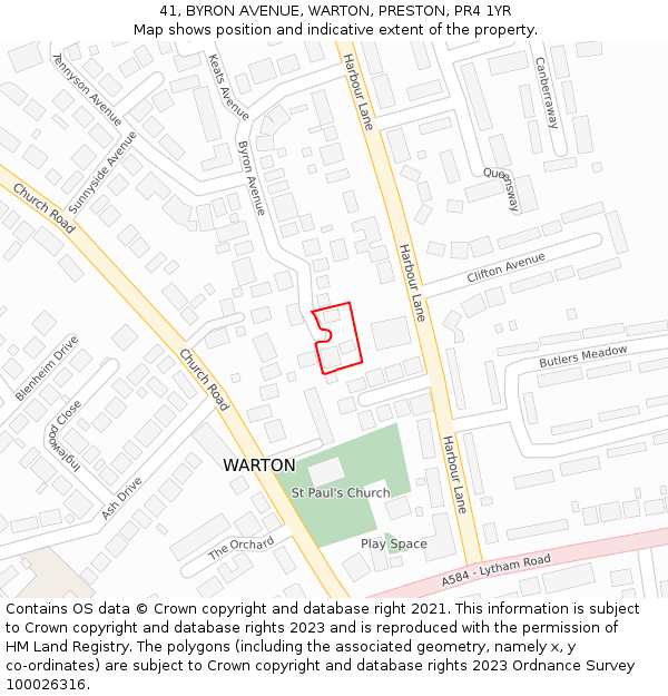 41, BYRON AVENUE, WARTON, PRESTON, PR4 1YR: Location map and indicative extent of plot