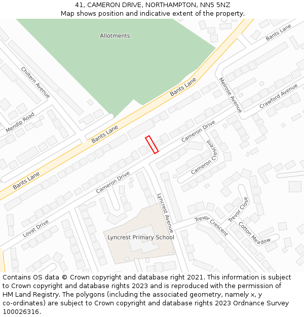 41, CAMERON DRIVE, NORTHAMPTON, NN5 5NZ: Location map and indicative extent of plot