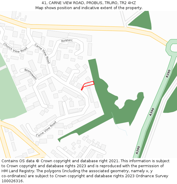 41, CARNE VIEW ROAD, PROBUS, TRURO, TR2 4HZ: Location map and indicative extent of plot