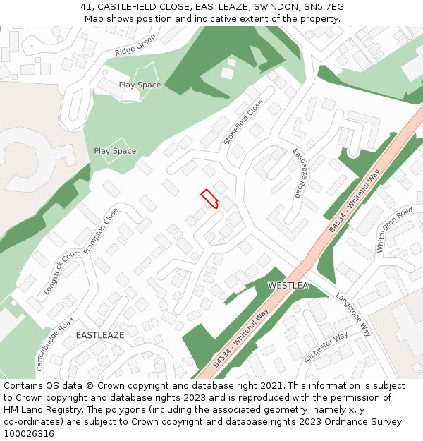 41, CASTLEFIELD CLOSE, EASTLEAZE, SWINDON, SN5 7EG: Location map and indicative extent of plot