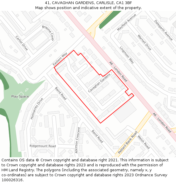 41, CAVAGHAN GARDENS, CARLISLE, CA1 3BF: Location map and indicative extent of plot