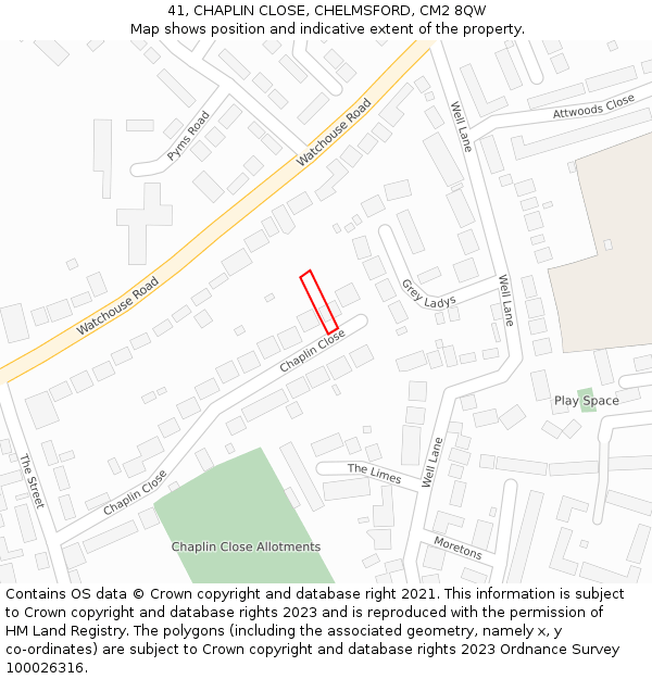 41, CHAPLIN CLOSE, CHELMSFORD, CM2 8QW: Location map and indicative extent of plot