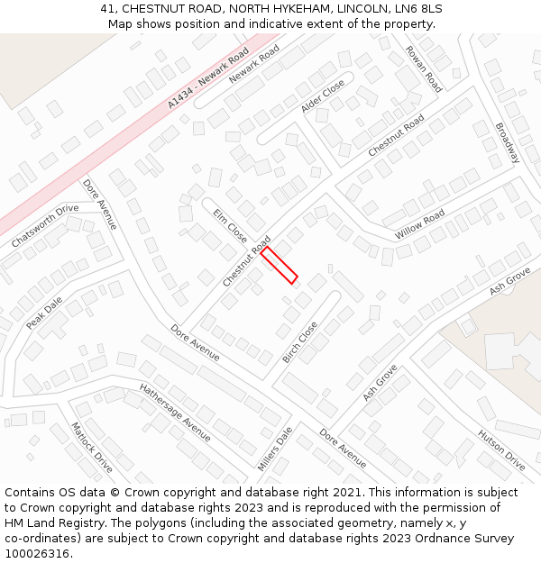 41, CHESTNUT ROAD, NORTH HYKEHAM, LINCOLN, LN6 8LS: Location map and indicative extent of plot