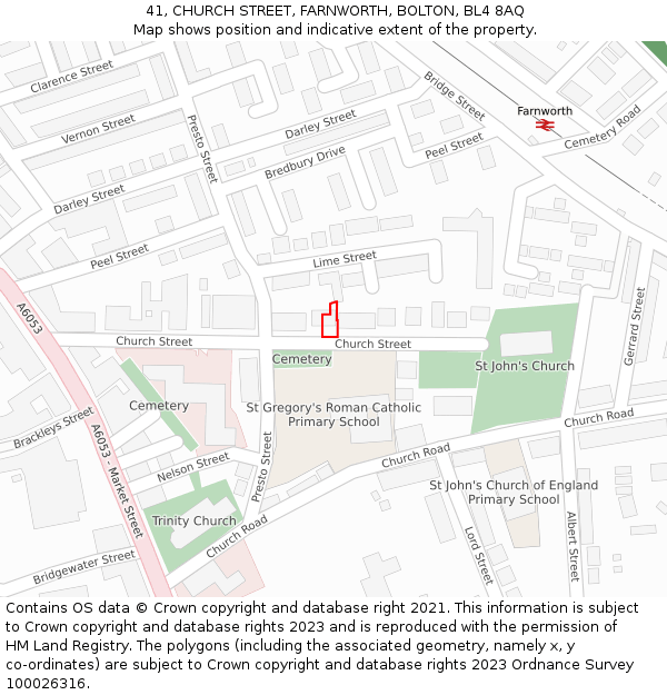 41, CHURCH STREET, FARNWORTH, BOLTON, BL4 8AQ: Location map and indicative extent of plot