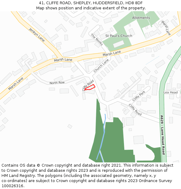 41, CLIFFE ROAD, SHEPLEY, HUDDERSFIELD, HD8 8DF: Location map and indicative extent of plot