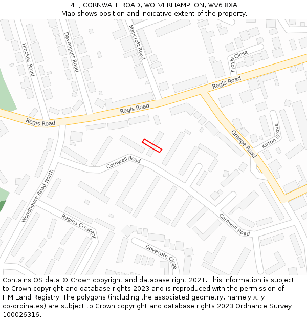 41, CORNWALL ROAD, WOLVERHAMPTON, WV6 8XA: Location map and indicative extent of plot