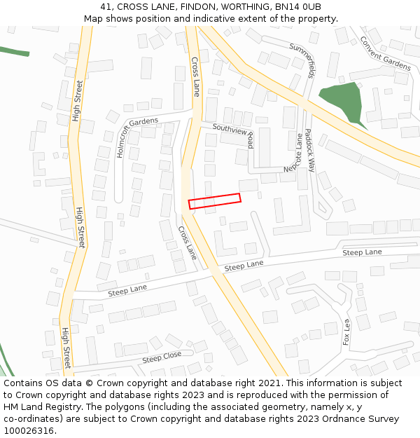 41, CROSS LANE, FINDON, WORTHING, BN14 0UB: Location map and indicative extent of plot
