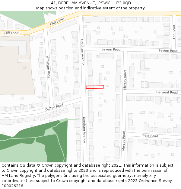 41, DEREHAM AVENUE, IPSWICH, IP3 0QB: Location map and indicative extent of plot