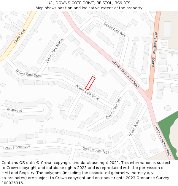 41, DOWNS COTE DRIVE, BRISTOL, BS9 3TS: Location map and indicative extent of plot