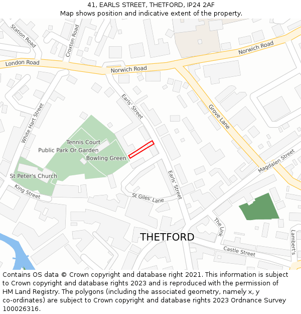 41, EARLS STREET, THETFORD, IP24 2AF: Location map and indicative extent of plot