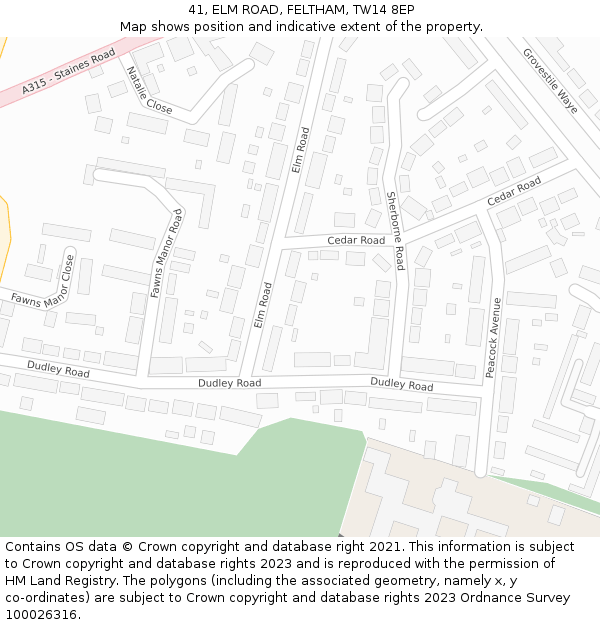 41, ELM ROAD, FELTHAM, TW14 8EP: Location map and indicative extent of plot