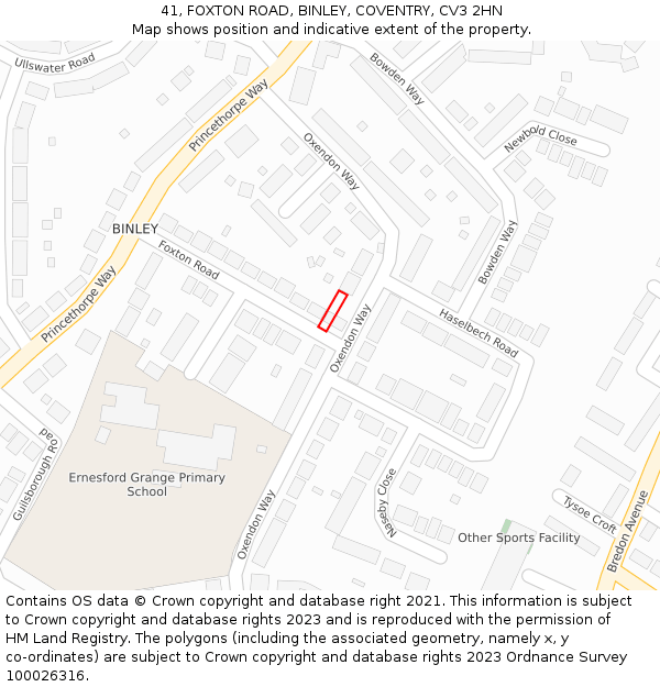 41, FOXTON ROAD, BINLEY, COVENTRY, CV3 2HN: Location map and indicative extent of plot