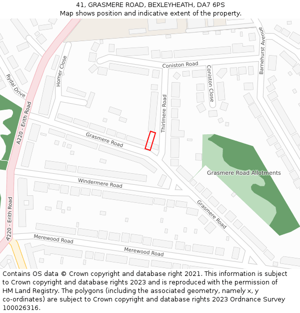 41, GRASMERE ROAD, BEXLEYHEATH, DA7 6PS: Location map and indicative extent of plot