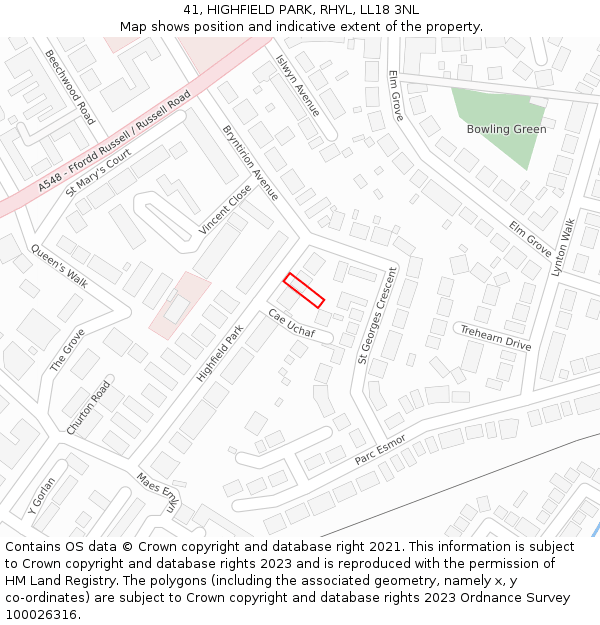 41, HIGHFIELD PARK, RHYL, LL18 3NL: Location map and indicative extent of plot