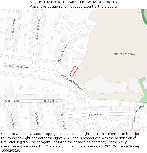 41, HIGHLANDS BOULEVARD, LEIGH-ON-SEA, SS9 3TQ: Location map and indicative extent of plot