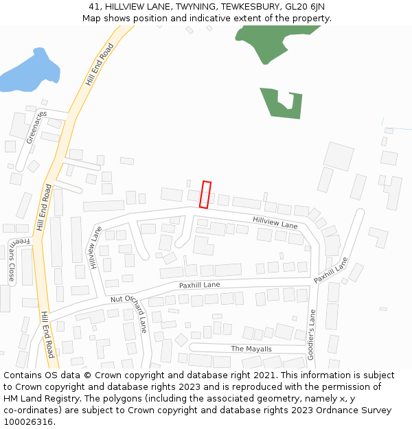 41, HILLVIEW LANE, TWYNING, TEWKESBURY, GL20 6JN: Location map and indicative extent of plot