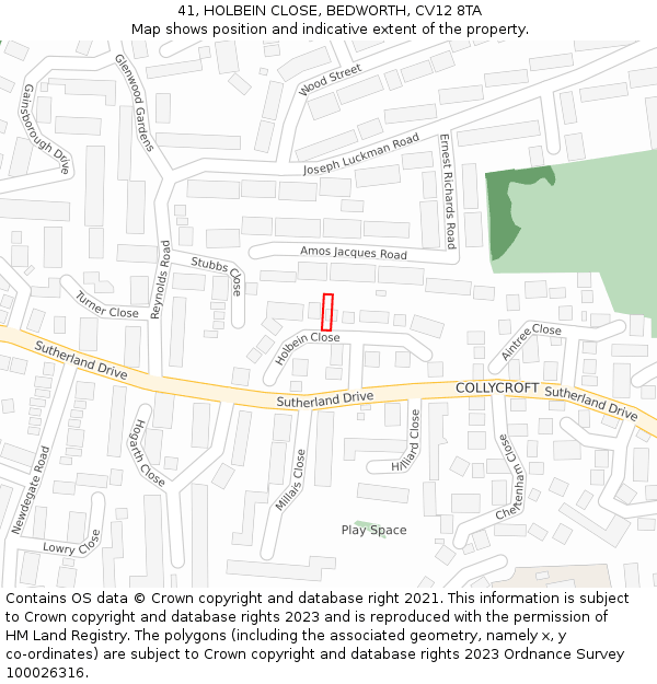 41, HOLBEIN CLOSE, BEDWORTH, CV12 8TA: Location map and indicative extent of plot