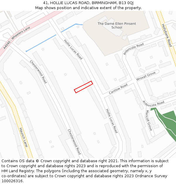 41, HOLLIE LUCAS ROAD, BIRMINGHAM, B13 0QJ: Location map and indicative extent of plot