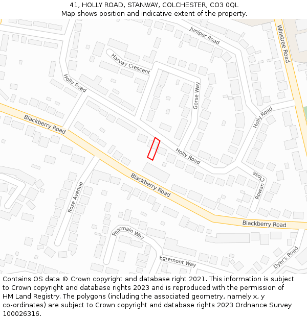 41, HOLLY ROAD, STANWAY, COLCHESTER, CO3 0QL: Location map and indicative extent of plot