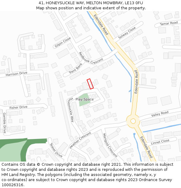 41, HONEYSUCKLE WAY, MELTON MOWBRAY, LE13 0FU: Location map and indicative extent of plot