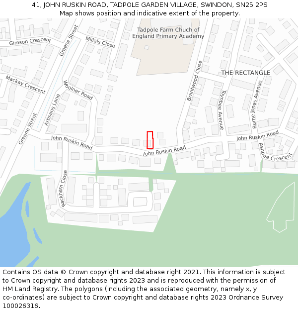 41, JOHN RUSKIN ROAD, TADPOLE GARDEN VILLAGE, SWINDON, SN25 2PS: Location map and indicative extent of plot