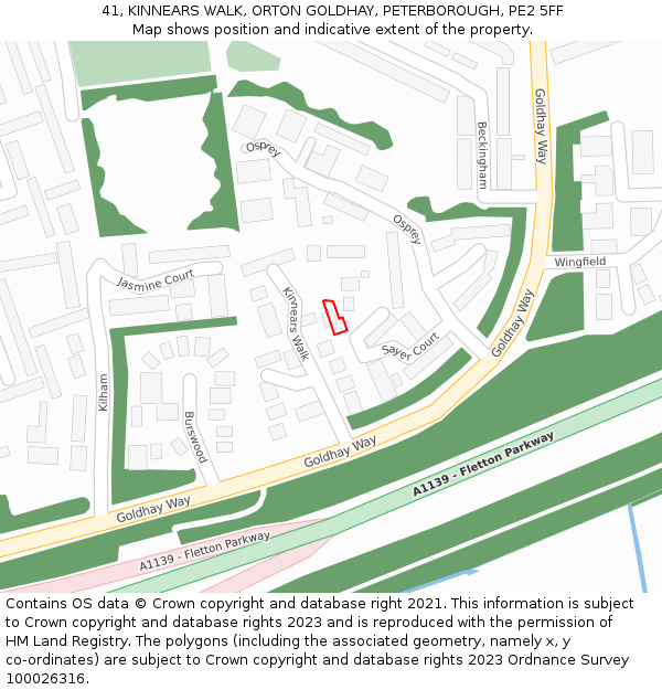 41, KINNEARS WALK, ORTON GOLDHAY, PETERBOROUGH, PE2 5FF: Location map and indicative extent of plot