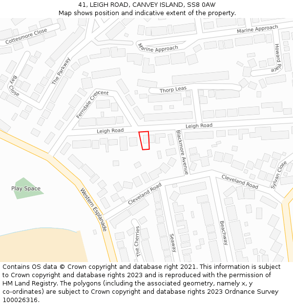 41, LEIGH ROAD, CANVEY ISLAND, SS8 0AW: Location map and indicative extent of plot